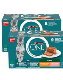 PURINA ONE Adult Terrine 8x85g s kuřetem a mrkví a s lososem a mrkví, mokré krmivo pro kočky