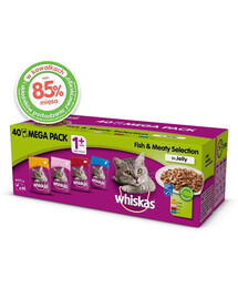 WHISKAS Adult 4 x 40x85g krmivo pro kočky v želé Rybí a tradiční příchutě (s kuřecím masem, lososem, hovězím masem a tuňákem) 3+1 ZDARMA