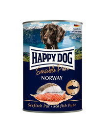 Happy Dog Sensible Pure Germany je kompletní mokré krmivo pro dospělé psy všech plemen, kteří hledají čistou a přirozenou výživu založenou na jediném zdroji bílkovin. Tato unikátní receptura byla vytvořena, aby vašemu psovi poskytla nejkvalitnější ingredience v lahodné formě.  Klíčové vlastnosti produktu: 100% monoproteinová receptura: 100% hovězí maso jako jediný zdroj živočišných bílkovin, ideální pro psy s citlivým trávicím systémem a pro eliminační diety. Čisté ingredience: Obsahuje pouze hodnotné maso a droby (srdce, plíce, játra) z hovězího masa, bez zbytečných plnidel.  Žádné zbytečné přísady: Receptura neobsahuje sóju ani další rostlinné přísady, což zajišťuje vysokou stravitelnost a minimalizuje riziko alergií.  Kompletní: Obohaceno o vysoce kvalitní vitamíny a minerály, poskytuje komplexní podporu pro zdraví, vitalitu a optimální kondici vašeho psa. Všestranné použití: Ideální pro samostatné krmení, jako základ pro domácí jídla nebo v kombinaci s vločkami Happy Dog Flocken Mixer pro obohacení stravy o vlákninu a sacharidy. Rozmanitost stravy: Ideální pro zpestření denních jídel suchého krmiva, poskytuje nové chuťové zážitky a podporuje trávení. Vyberte si Happy Dog Sensible Pure Germany a dopřejte svému psovi každý den čistou chuť přírody a optimální výživu.  Složení: Ryby a vedlejší produkty z ryb (60 % - bílé ryby, losos), minerály Vzhledem k výrobnímu procesu mohou být přítomna stopová množství jiných bílkovin. (Recept obsahuje 39,8 % pitné vody.)  Analytické složky: Hrubý protein 9,2 %, hrubý tuk 5,4 %, hrubý popel 2,4 %, hrubá vláknina 0,4 %, vlhkost 80 %  Doplňkové látky: Vitamíny/kg: Vitamín A (3a672a) 2000 IU, Stopové prvky/kg: Železo (síran železnatý monohydrát 3b103) 30 mg, měď (síran měďnatý pentahydrát 3b405) 1,5 mg, zinek (síran zinečnatý monohydrát 3b605) 25 mg, mangan (síran manganatý monohydrát 3b503) 2 mg, jód (jodičnan vápenatý bezvodý 3b202) 0,5 mg  Doporučení pro krmení: Ideální hmotnost psa v kg Požadavky pro samostatné krmení v g/24 h 2 160 5 320 7,5430 10 540 20 900 30 1230 40 1520 60 2070 80 2570  Poznámka: Tyto údaje jsou přibližné. Individuální požadavky závisí na věku, plemeni, hmotnosti, aktivitě a podmínkách chovu. Krmivo podávejte při pokojové teplotě. Vždy zajistěte pitnou vodu.
