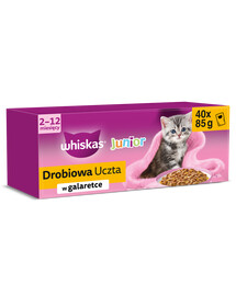WHISKAS Junior Drobiowa Uczta 4 x 40x85g krmivo s kuřecím, kachním, drůbežím a krůtím masem v želé pro koťata 3+1 ZDARMA