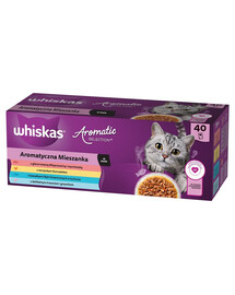 WHISKAS Adult Aromatická směs 4 kapsičky 40x85 g kompletní krmivo pro dospělé kočky v omáčce s kousky glazovaného vepřového masa a mrkve, šťavnatým kuřecím masem, kousky mořských ryb ve vývaru, jemným lososem a hráškem 3+