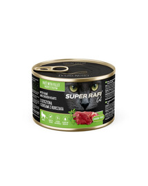 SUPER RAFI Cat s divočinou a kuřecími srdíčky 185g konzerva pro kočky