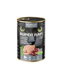 SUPER RAFI Cat s perličkou a srdíčky z kachny 400g konzerva pro kastrované kočky