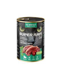 SUPER RAFI Cat s husím masem a krůtími játry 400g konzerva pro kastrované kočky