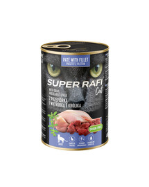 SUPER RAFI Cat s přepeličím masem a králičími játry 400g konzerva pro kočky