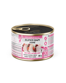 SUPER RAFI Mini s krůtím masem a králičími játry 185g konzerva pro psy malých plemen