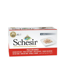 SCHESIR Kuřecí s hovězím masem v želé 4x85 g mokré krmivo pro psy