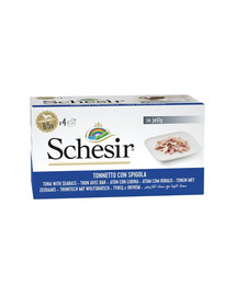 SCHESIR Tuňák s mořským okounem v želé 4x85 g konzervy pro psy