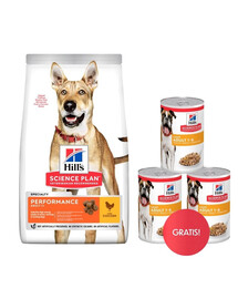 HILL'S Canine Adult 1+ Performance 14 kg kuřecí krmivo pro aktivní psy + 3 konzervy krmiva HILL's ZDARMA