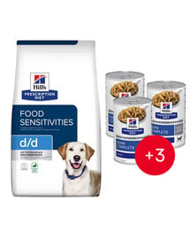 HILL'S Prescription Diet Canine d/d Food Sensitivites Duck & Rice 12 kg + 3 konzervy ZDARMA