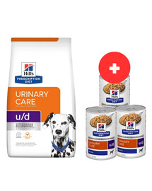 HILL'S Prescription Diet Canine U/D Urinary Care 10 kg pro psy s citlivými močovými cestami + 3 x 370 g krmiva pro psy ZDARMA