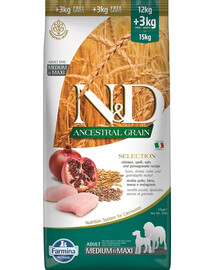 FARMINA N&D Ancestral Selection Dog chicken and pomegranate Adult Medium & Maxi 15 kg + 3 x FARMINA N&D Tropical Selection Dental Treat Pork Medium/Maxi 100 g ZDARMA