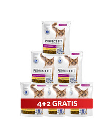 PERFECT FIT Antihairball 1+ 6 x 750 g Kompletní krmivo pro dospělé kočky s vysokým obsahem kuřete 4+2 ZDARMA