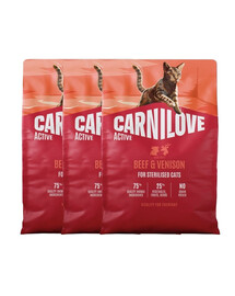 CARNILOVE Active Cat Beef & Venison Sterilised 3x2 kg hovězího a zvěřinového masa pro sterilizované kočky