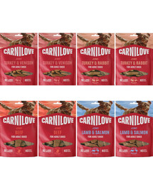 CARNILOVE Dog Jerky Mix Flavors 8x100g masové pamlsky pro dospělé psy