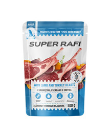 SUPER RAFI s jehněčími a krůtími srdíčky 500 g krmivo pro psy