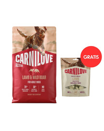 CARNILOVE Active Dog Lamb & Wild Boar Adult 4 kg granule s jehněčím a divočákem pro dospělé aktivní psy+ CARNILOVE Dog Freeze Dried Lamb 60g ZDARMA
