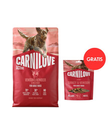 CARNILOVE Active Dog Venision & Reindeer Adult 4 kg granule se zvěřinou, sobem a divočákem pro aktivní dospělé psy + CARNILOVE Dog Jerky Turkey with Venision 100g ZDARMA