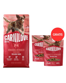 CARNILOVE Active Dog Venision & Reindeer Adult 12 kg granule se zvěřinou, sobem a divočákem pro aktivní dospělé psy + CARNILOVE Dog Jerky Turkey with Venision 2x100g ZDARMA