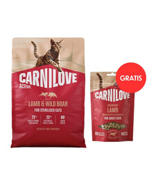 CARNILOVE Active Cat Lamb & Wild Boar Sterilised 2 kg granule pro sterilizované kočky + CARNILOVE Crunchy Snack Cat Lamb 50 g ZDARMA
