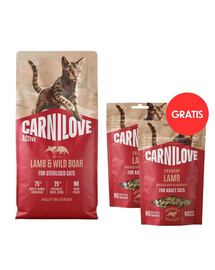 CARNILOVE Active Cat Lamb & Wild Boar Sterilised 6 kg granule pro sterilizované kočky + CARNILOVE Crunchy Snack Cat Lamb 2x50 g ZDARMA