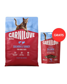 CARNILOVE Active Cat Salmon & Turkey Adult 2 kg granule s lososem a krůtou pro všechny kočky + CARNILOVE Crunchy Snack Cat Losos 50 g ZDARMA