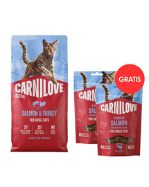 CARNILOVE Active Cat Salmon & Turkey Adult 6 kg granule s lososem a krůtou pro dospělé kočky + CARNILOVE Crunchy Snack Cat Losos 2x50 g ZDARMA