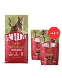 CARNILOVE Active Cat Duck and Pheasant Sterilised 6 kg dla kotów sterylizowanych + CARNILOVE Crunchy Snack Cat Duck 2x50 g GRATIS