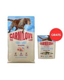 CARNILOVE True Fresh Dog Fish and Turkey Adult 4 kg granule s krůtou pro dospělé psy + CARNILOVE Dog Freeze Dried Turkey and Losos 60g ZDARMA