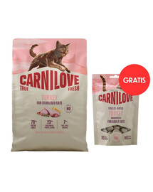 CARNILOVE True Fresh Cat Turkey Sterilised 2 kg granule pro sterilizované kočky + CARNILOVE Freeze-Dried Snack Cat Turkey 40 g ZDARMA