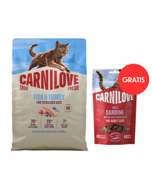 CARNILOVE True Fresh Cat Fish and Turkey Sterilised 2 kg pro kočky po sterilizaci + CARNILOVE Soft Snack Cat Sardine 50 g ZDARMA