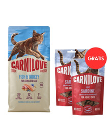 CARNILOVE True Fresh Cat Fish and Turkey Sterilised 6 kg granule pro sterilizované kočky + CARNILOVE Soft Snack Cat Sardinky 2x50 g ZDARMA