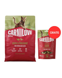 CARNILOVE Active Cat Duck & Pheasant Sterilised 2 kg granule pro sterilizované kočky + CARNILOVE Crunchy Snack Cat Duck 50 g ZDARMA