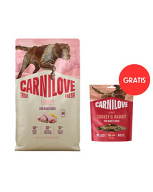 CARNILOVE True Fresh Dog Turkey Adult 4 kg granule s čerstvým krůtím masem pro psy + CARNILOVE Dog Jerky Turkey & Rabbit 100g ZDARMA