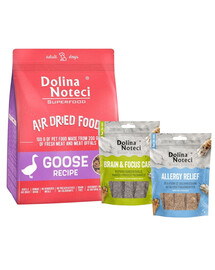 DOLINA NOTECI Sušené krmivo Superfood Goose Dish 1 kg + Smart Chews Úleva od alergií a Péče o mozek a soustředění 2x100 g psí pamlsky