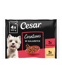 CESAR Creations Kuře s hráškem a hovězí s mrkví v želé 4×100 g mokré krmivo pro dospělé psy