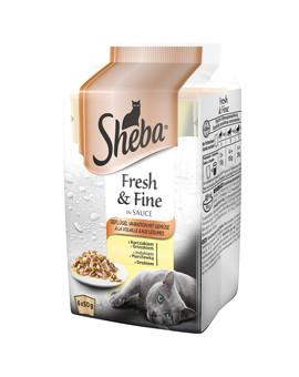 SHEBA Fresh & Fine 6x50g kapsičky v omáčce s kuřecím+hráškem, krůtím+karotkou a drůbeží
