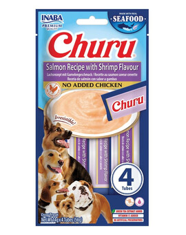 INABA Dog Churu Fish Based Salmon with Shrimp Recipe 4x14g krémové pamlsky s lososem a krevetami pro psy