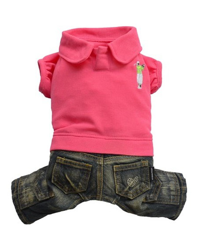 DOGGY DOLLY Obleček jeans & polo, růžový, M 28-30 cm/41-43 cm