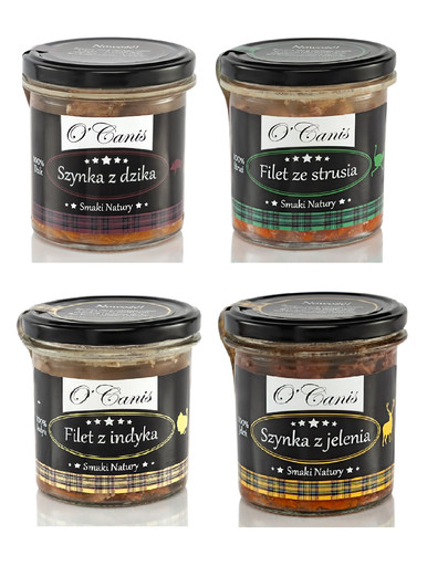 O'CANIS DE LUX MIX 4 příchutí x 300 g: divočák, jelen, pštros, krůta