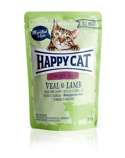 HAPPY CAT Kapsička ALL MEAT Adult Sterilised Kalb & Lamm 85 g