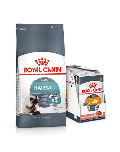 ROYAL CANIN Hairball Care 10 kg + Kapsičky Intense  BEAUTY v omáčce 85 g x 12