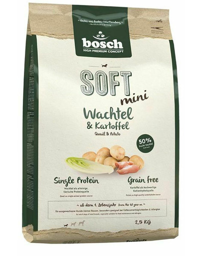 BOSCH Soft mini křepelka a brambor 2,5 kg + tréninkové pamlsky se pštrosem 300 g