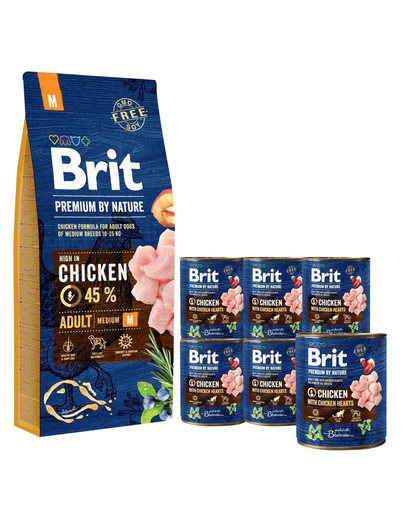 BRIT Premium By Nature Adult Medium M 15 kg + 6 x 800 g BRIT Konzervy kuřecí a srdce