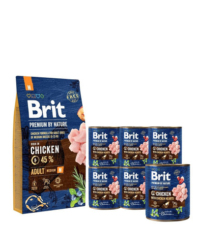 BRIT Premium By Nature Adult Medium M 8 kg + 6 x 800 g BRIT konzervy kuřecí a srdce