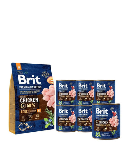 BRIT Premium By Nature Adult Medium M 3 kg + 6 x 800 g BRIT Konzervy kuřecí a srdce