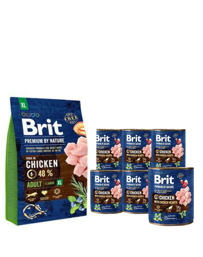 BRIT Premium By Nature Adult Extra Large XL 3 kg + 6 x 800 g BRIT Konzervy kuřecí a srdce