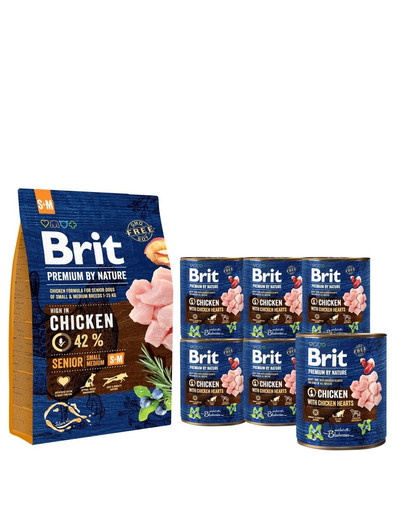 BRIT Premium By Nature Senior Small Medium S+M 3 kg + 6 x 800 g BRIT Konzervy kuřecí a srdce