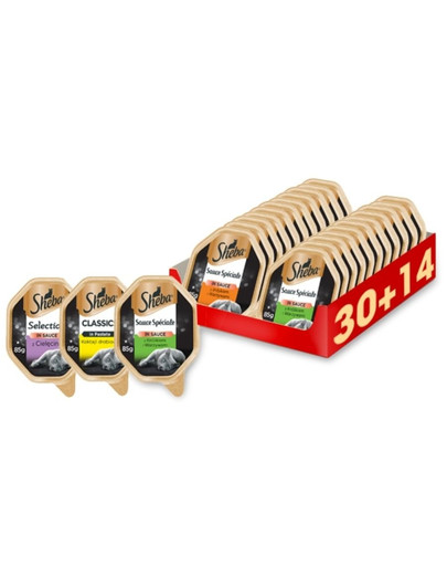SHEBA Mix smaków (z indykiem i warzywami, z królikiem i warzywami, z cielęciną, koktajl drobiowy) 44 x 85g (30 + 14 gratis)