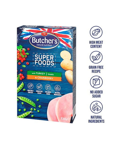 BUTCHER'S Superfoods Treats s krůtou a brusinkami 6 x 320 g